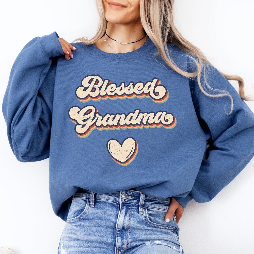 Retro Blessed Grandma Sweatshirt Indigo Blue | Grandma Shirt